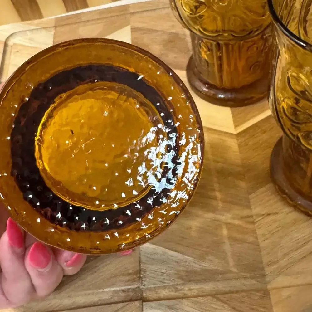 Vintage Libbey Country Garden Amber Daisy Pattern Water Goblets, Set of 4